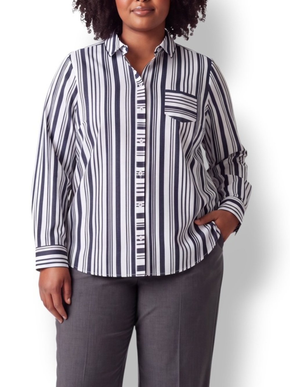 4/$20 Foxcroft Heritage Non-Iron Fitted Cotton Black White Stripe Blouse 16P
